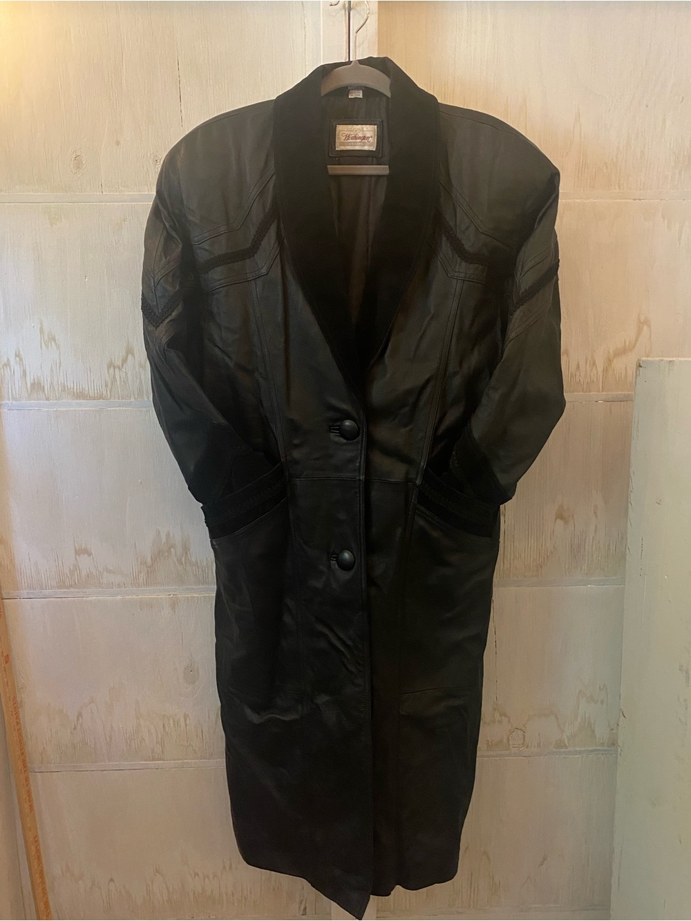 Vintage Long Black Leather Coat with Suede Collar Petite Large